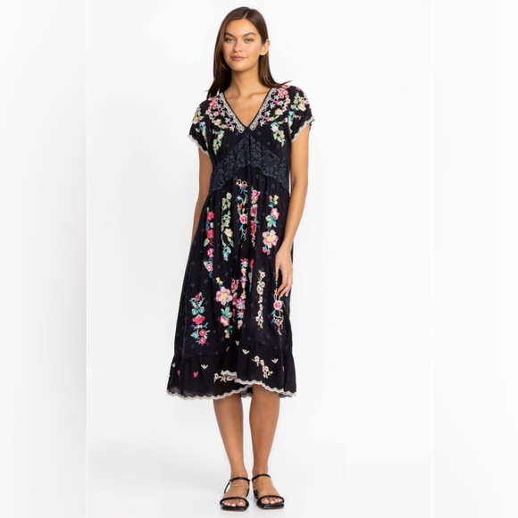 Johnny Was Ezra Western Floral Embroidery Ruffled scallop Hem Cupra Rayon dress - Picture 1 of 16
